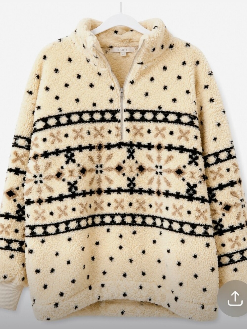 LOFT Cream Sherpa Pullover with Black Fair Isle Pattern